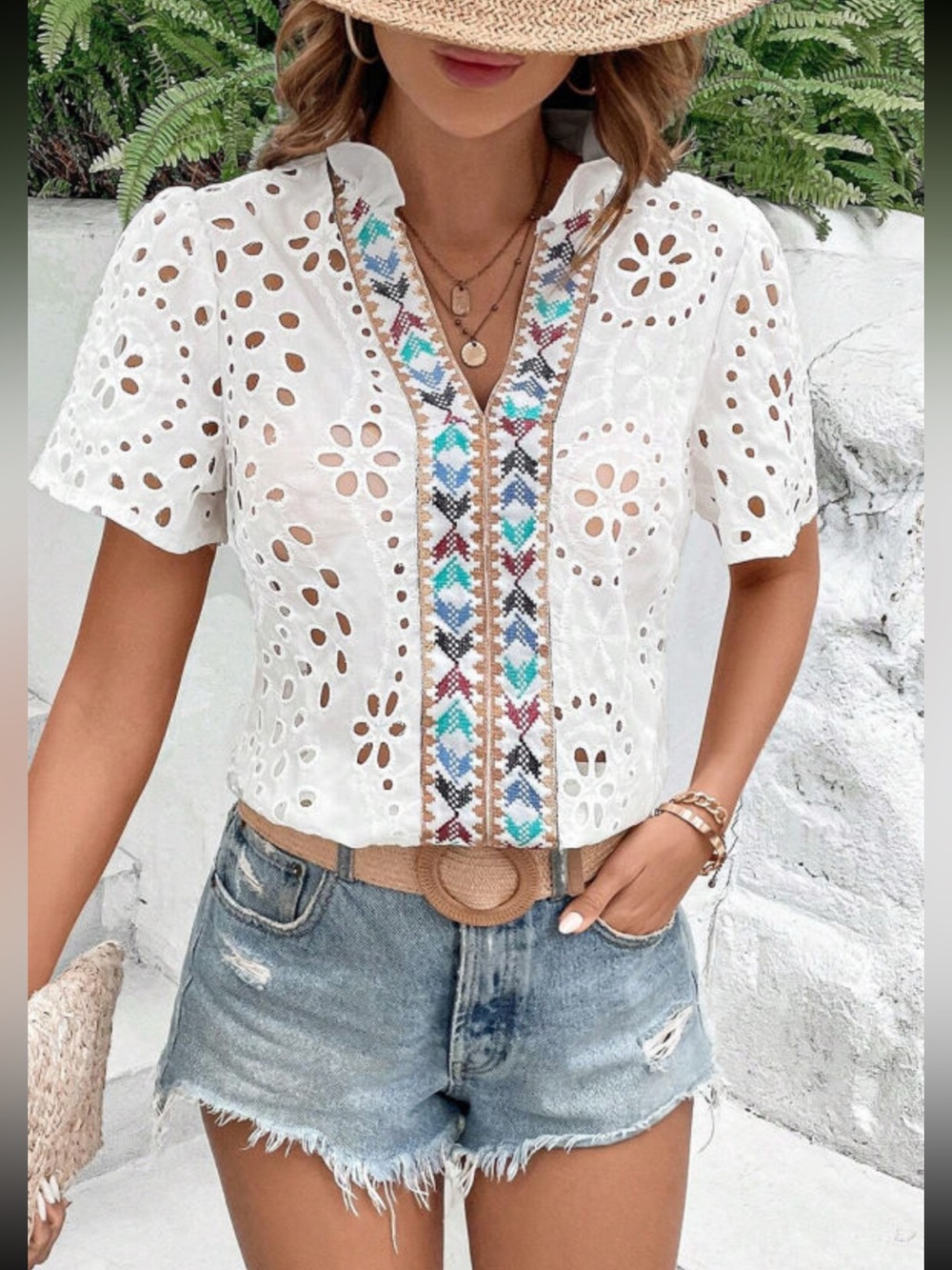 White Eyelet Embroidered V-Neck Blouse NWOT